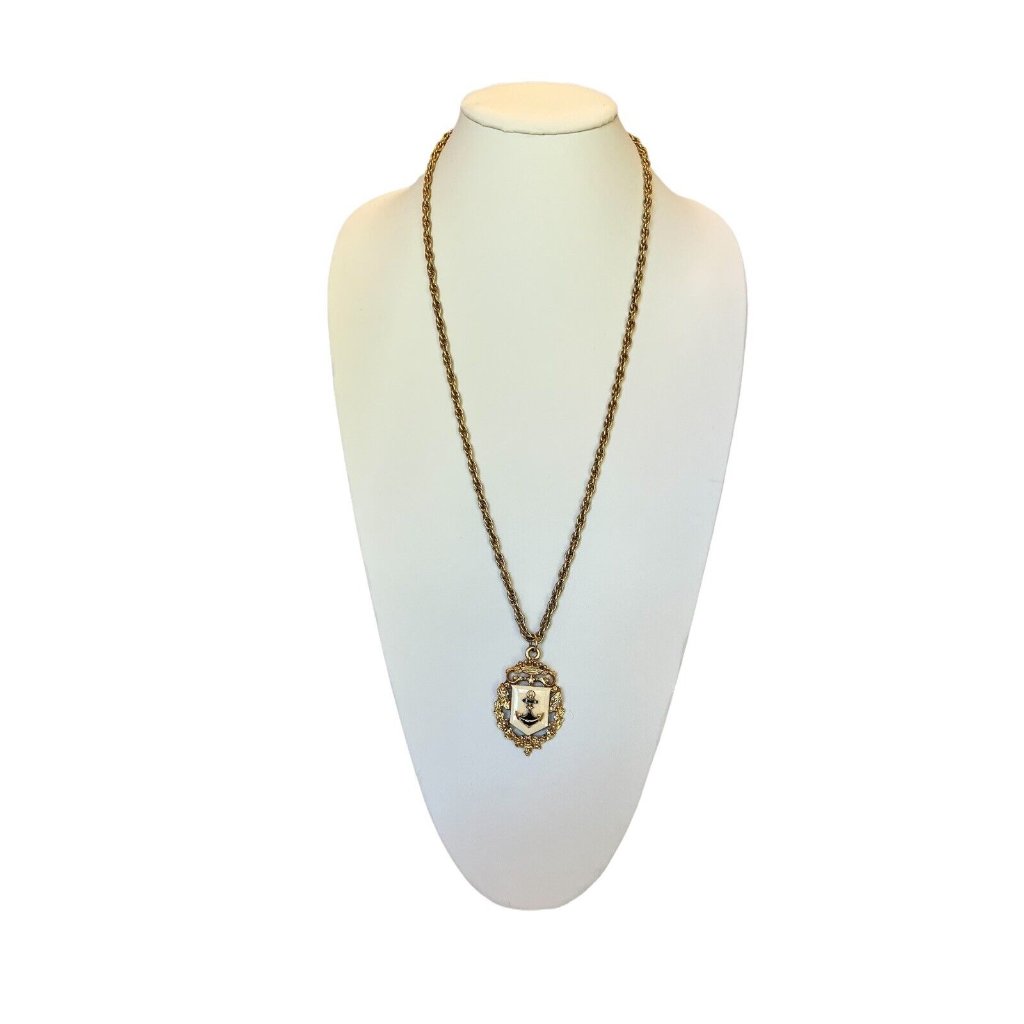 Vintage Rare Craft Gold Enamel Navy Blue & White Nautical Anchor Necklace